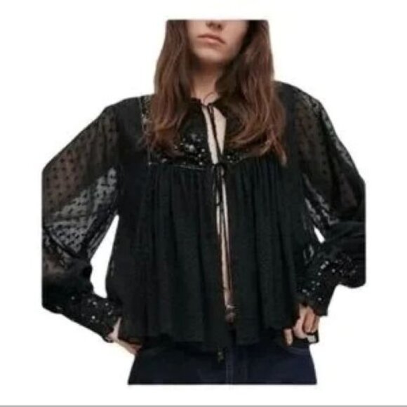 Zara Baby Doll Long Sleeve Sheer Blouse Black XS Like New - Picture 1 of 8